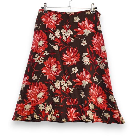 Ann Taylor Soho Floral Silk Skirt Size 6 Brown Pink‎ Ruffled Lined Boho Frill - Picture 1 of 11